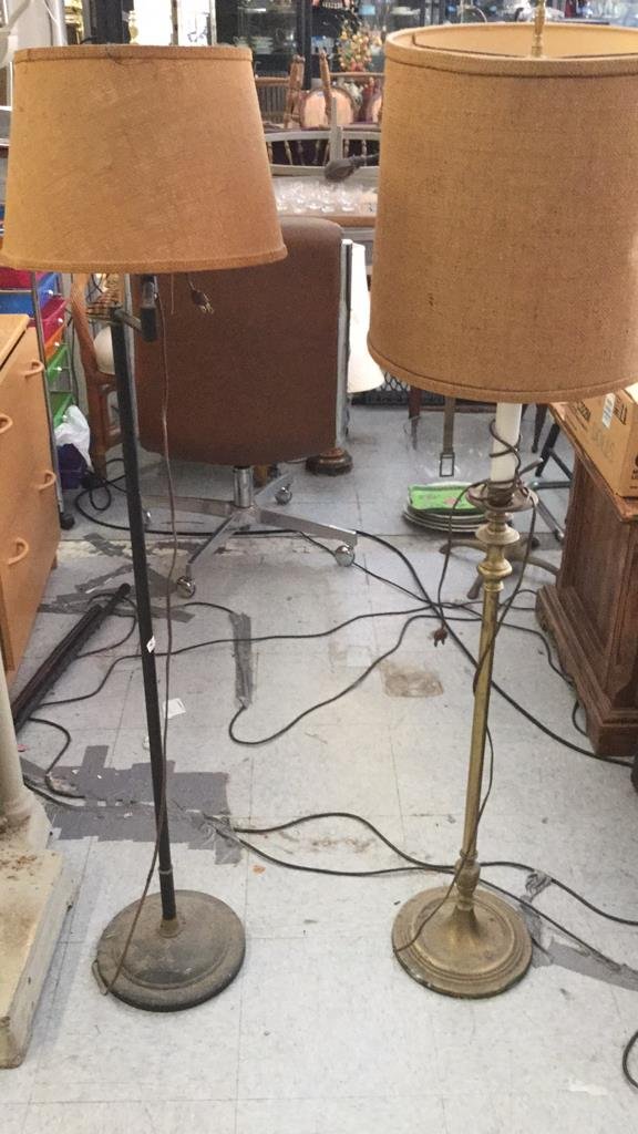 Pair of Vintage Lamps with Burlap Shades: Vintage lamps with matching burlap lamp shades. Both lamps measures Aprox 57 inches by 14 inches wide.