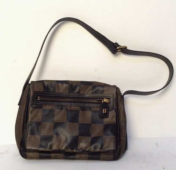 Striped and Checkered Brown FENDI Purse: Fendi purse with a brown checkered opening flap , the bag itself a brown striped pattern, and a dark brown belt buckle design strap, measurements of the bag in inches being 10 x 8.5, bag slightly used