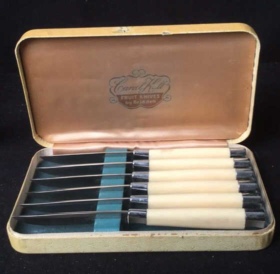 Carved Hall by Briddell Fruit Knives set of 6.: Set of 6 fruit knives. Carved hall. By Briddell Each knives measures 7 inches. In original Box.