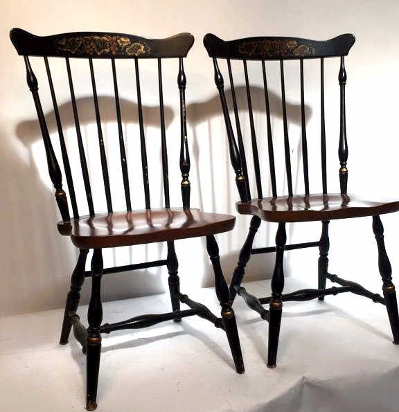 Pair Vintage Hand Painted Windsor Chairs: Black ground with golf accents of grape leaf motif. Turned side rails and head rail with ears.
