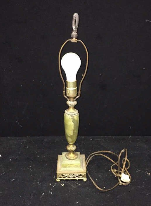Vintage Green Stone and Brass Lamp: Brass textured base measuring in inches 4 x 4, followed by layers of green stone and brass, lamp shade no included, height of lamp measuring 21.5 inches, condition consistent with age, no dents
