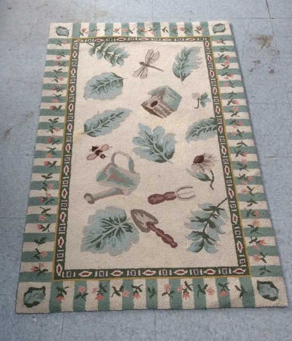 Vintage Handmade 100% Wool Rug: Vintage handmade 100% wool rug, birdhouse and leaf patter, used, ware visible, no rips or holes, measures in inches 36x60