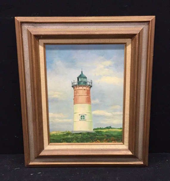Wood Framed Lighthouse Painting Signed Illegibly (1 of 4)