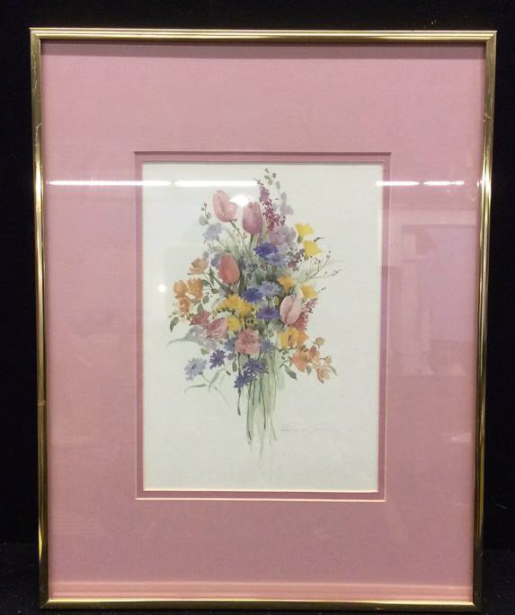 Framed Illegibly Signed Watercolor Print: Watercolor print in a light pink border followed by a gold colored frame, the piece measures in inches 14x18, signature is part of the print, piece and frame in good condition, very few scratches on f