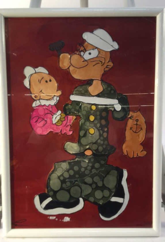 Popeye signed painting: This signed Popeye painting has a modern frame around it appears that it could be s water color painting mad it measures in at 21H x 15W