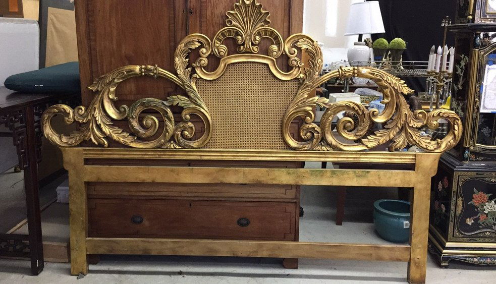 Ornately Carved Gold Painted King Headboard: Feathered and scrolled design with she'll shaped medallion crest rail. Came back center splat. Excellent condition. Measures 63h x 92 widest point.