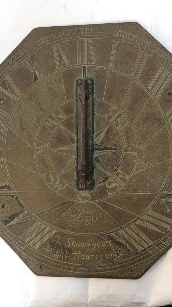 English Vintage iron Sunday dial Etched design: octagonal shaped iron sun dial etched words say I showe Youre bright houres only 1690, Roman numerals. Measures 16 inches by 16 inches. etched on verso England