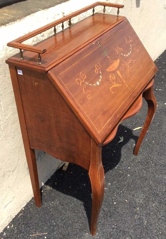 Antique Inlaid Drop Front Wood Desk: Antique Inlaid Drop Front Wood Desk, missing bottom drawer, legs modified for height, federal style, carved details, mother of pearl inlaid design, good condition as is, measures in inches 16x28x36, P