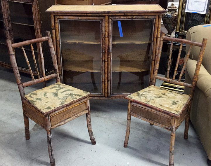 Pair Rustic Bamboo Style Chairs & Storage Cabinet (1 of 10)