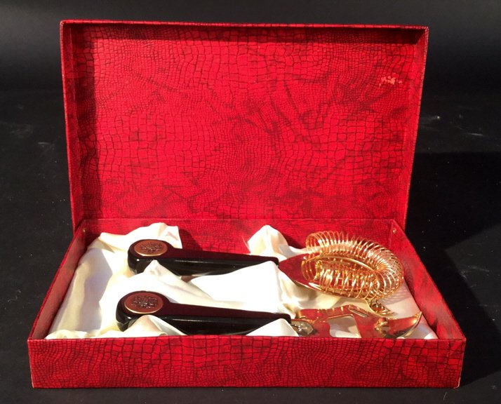 Decorative gold painted bartender tools: Gold painted bartender tools marked emblem on butt of tools , good condition along with quality box
