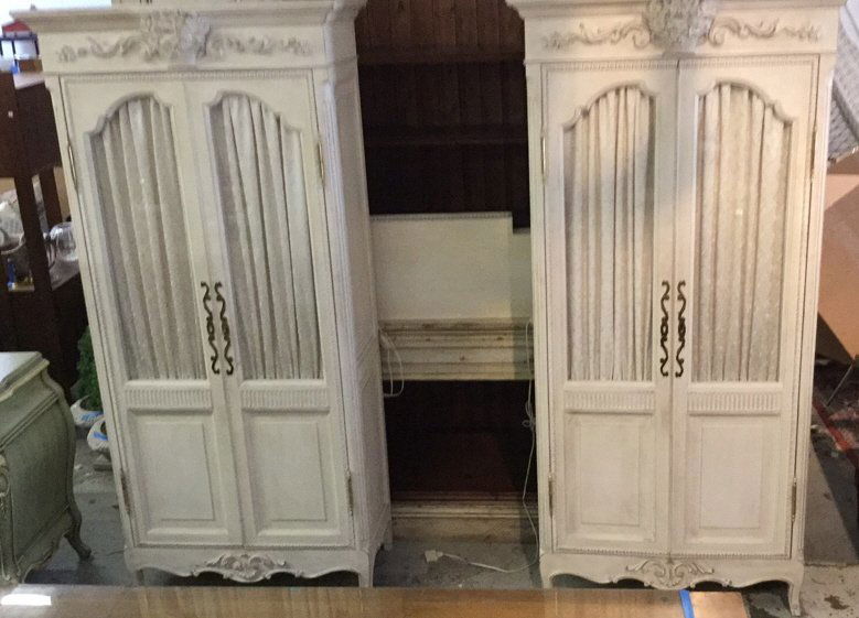 Pair of Vintage Curtained Glass Front Armoires (1 of 10)