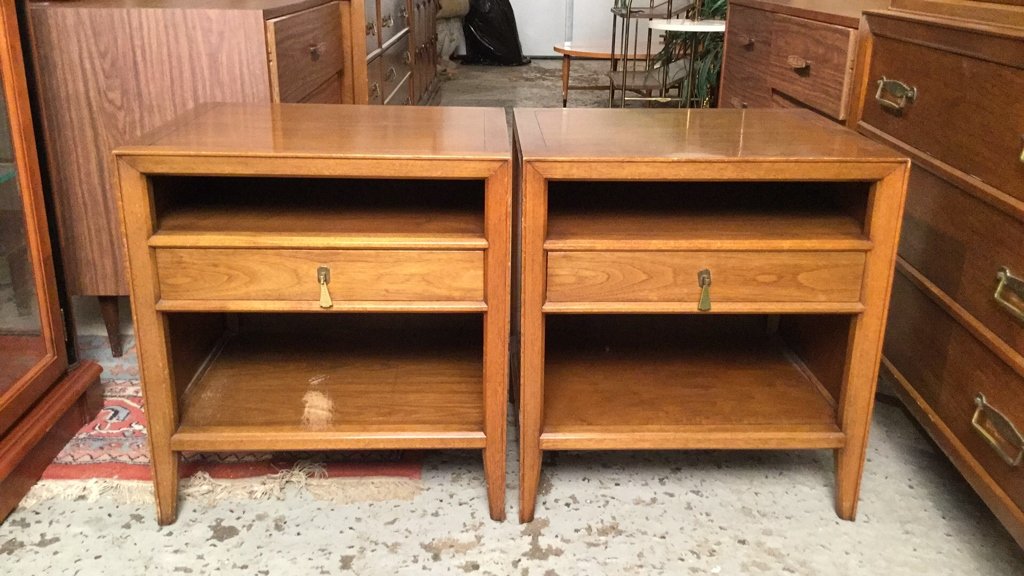 Pair Mid Century FANCHER Night Tables: Pair wood mid century modern marked FANCHER Furniture Company night tables, made in Salamanca NY, hand made hardware marked A4752, used condition, scratches, light-medium stained wood, center drawer l