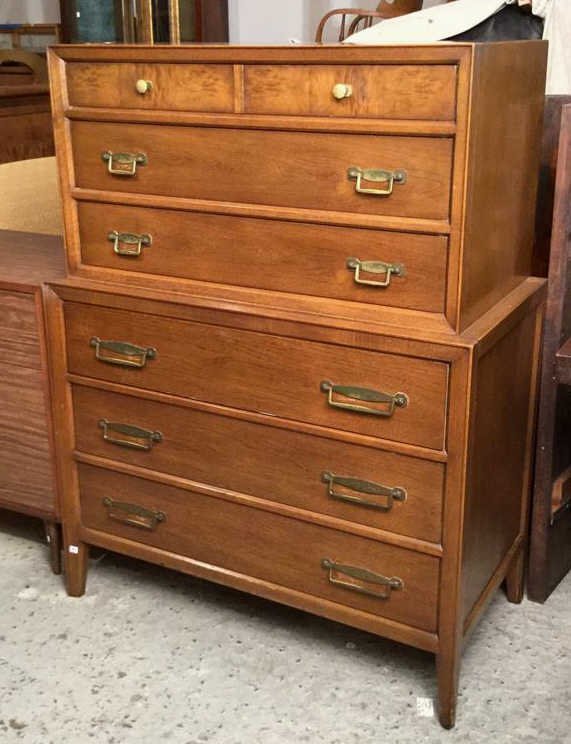 FANCHER Mid Century Modern Dresser: Vintage mid century modern FANCHER Furniture Company Salamanca NY dresser, wood, detailed hardware, ware visible, distressed look, used, top drawer two knobs 6 separated spaces, second and third drawe