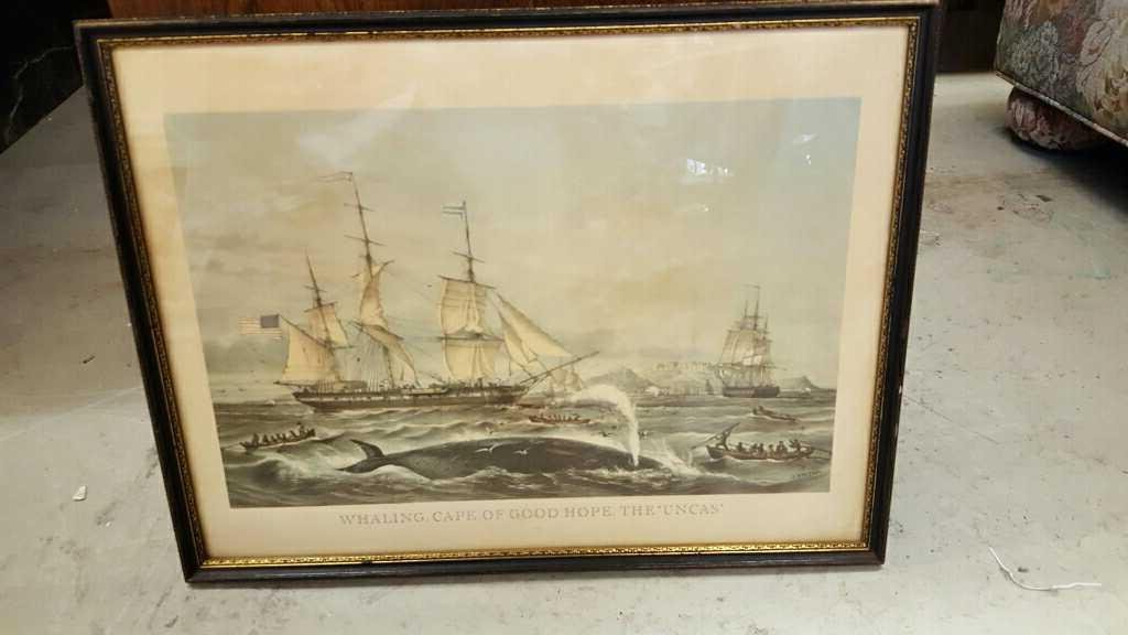 Signed Whaling, Cape of Good Hope. The "Uncas": Whaling, Cape of Good Hope. The "Uncas" signed bottom right LEBRETON, depicts American ships whaling, black paint carved wood frame with gold trim, measures of 17 inches wide by 13 inches tall