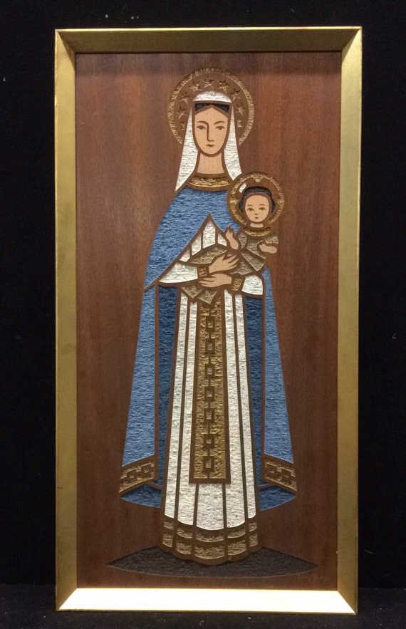 Illegibly Signed Madonna & Child Wood Carving: Wood carving signed illegibly, Franz, in the bottom right corner, piece measuring in inches 13 x 25, piece in great condition, some stains on the back of frame, wire on the back for hanging