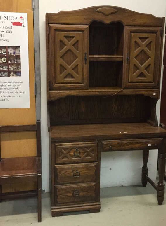 LEA Industries Desk With Hutch and Chair: Electric under mount light. Shelves and four drawers. Measures 74h x 44w x 18d.