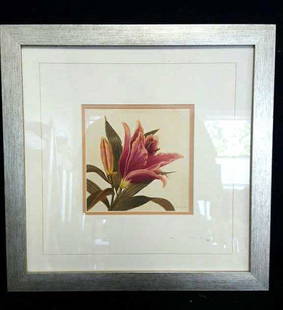 Signed Gloria Eriksen Print: Floral pink, pink flower, professionally framed and matted, grey painted wood frame, measures 16.5 inches squared