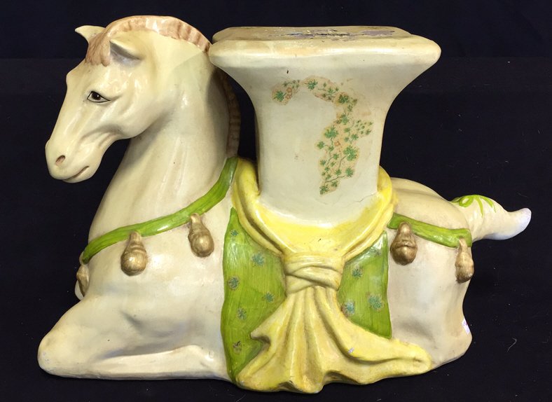 Hand Made Pottery Horse Table: Great plant stand. Top surfaced cracked and paint chipped off. Measures 15 x 25 x 12