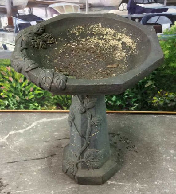 Vintage Garden Bird Bath: Vintage Garden Bird Bath with vine scrolling detail, good condition, greenish blue grey color, measures in inches 15x21