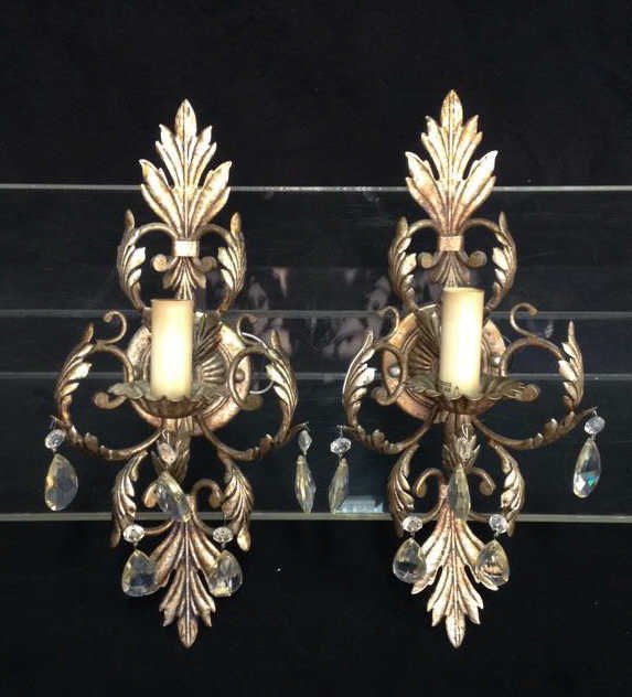 Pair Bronze & Crystal Light Sconces (1 of 9)