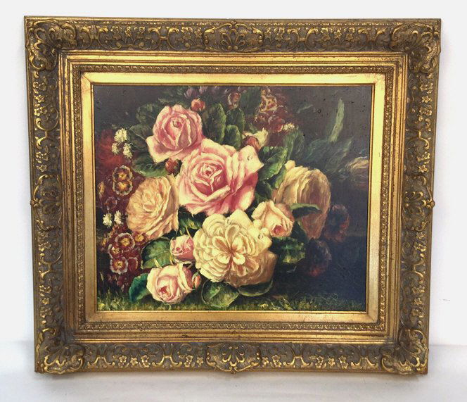 Gold Framed Floral Arrangement Painted Canvas (1 of 7)
