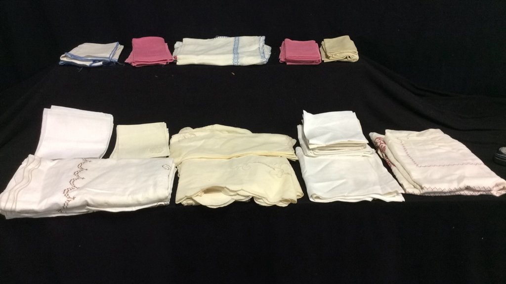 Group Lot 20 + Vintage Linens & Linen Napkins: Assortment of Linens and linen napkins of various colors with stitched designs, all starched and ironed