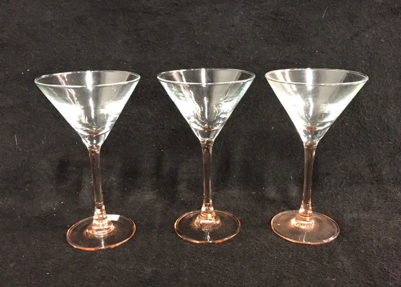 3 FRANCE Martini Glasses Pink Stem: Lot includes 3 martini glasses with clear glass tops and pink colored stems and bases, marked at base FRANCE, no cracks or chips, glasses measure in inches 6.5H