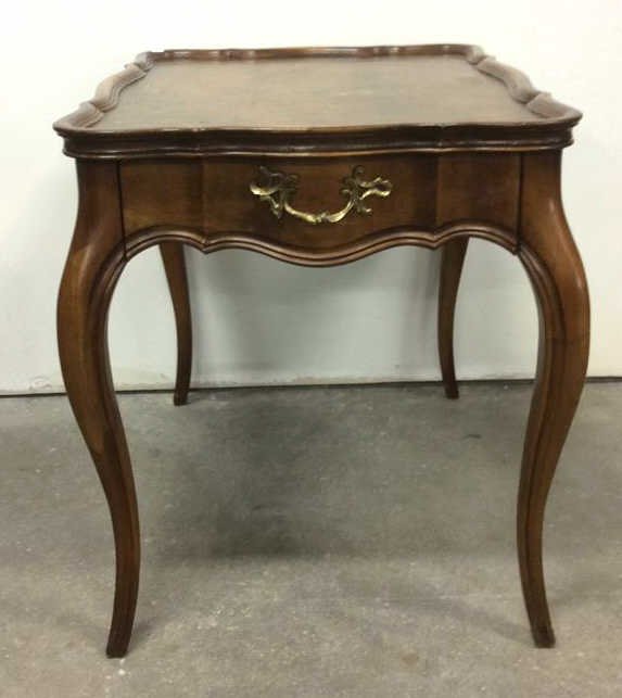 HECKMAN Furniture Wood Side Table: Marked HECKMAN Furniture Wood Side Table, condition consistent with age, 1 drawer, sturdy condition ware to top of table, measures in inches 26.25x20.5x23