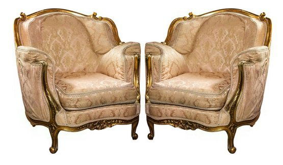 Pair C 1930's Gilt Wood Carved Bergere Arm Chairs (1 of 10)