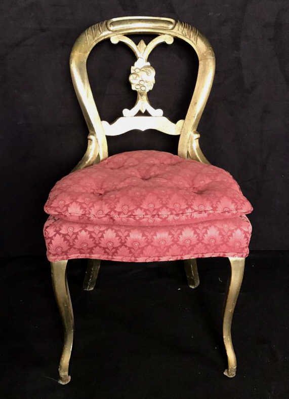 Plum Upholstered Silver Leafed Rococo Chair: Plum Upholstered Silver Leafed Accent Chair, from family antique shop in NYC, in the style of Rococo revival, some scratches to legs and cracking or separation of wood back of chair, measures in inche