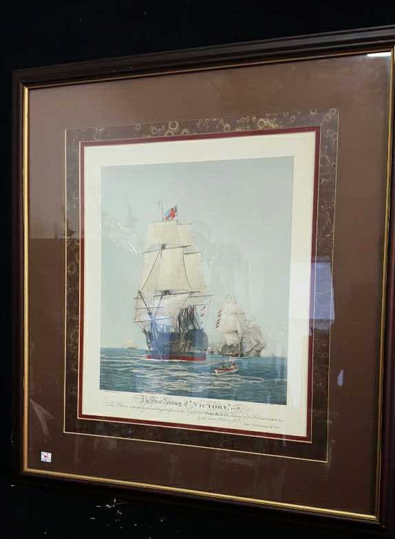 The First Journey of Victory Print: The First Journey of Victory Print 1778, says This plate is respectfully dedicated by permission to the Right Hon. Earl Beatty, Admiral of the Fleet, signed Harold Wyllie, professionally framed and ma
