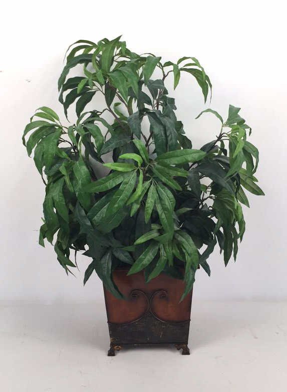 Ethan Allen Faux Potted House Plant: Ethan Allen Faux Potted House Plant, copper colored and hammered finish to planter base, long thin leaves, total Piece measures in inches 21x37