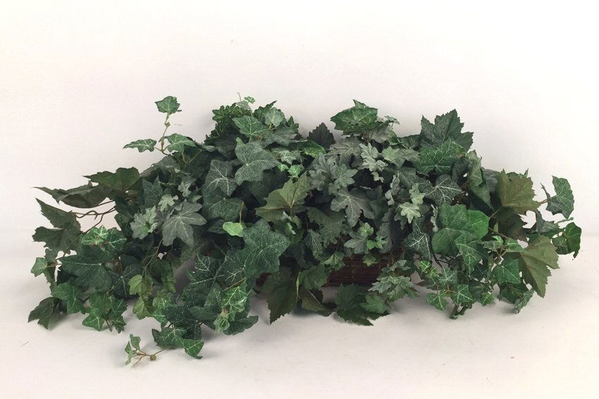 Ethan Allen Faux House Plant: Ethan Allen Faux House Plant, woven wicker basket with overflowing of leafy Faux Plant, Piece measures in inches 19x38x15