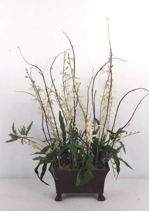 Ethan Allen Potted Faux House Plant: Ethan Allen Potted Faux House Plant, mix of greens and budding flowers, footed planter, Piece measures in inches 9x13x32