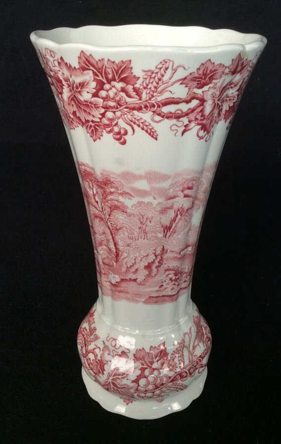 Booths Antique Porcelain Vase: Red and white porcelain scenic center design and leaf and floral borders vivid color marked on bottom booths under crown trademark , made in England, " British Scenery" numbered A 802 stamped 24. Heig