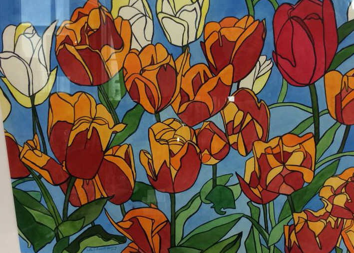 Lita Schwartzberg Signed Tulip Painting: Brightly colored graphic stylized tulips with robins egg blue back ground signed , titled on verso Dancing Tulips . Professionally matted in Gold Leafed Wood frame with blue accent piping. Measures ap