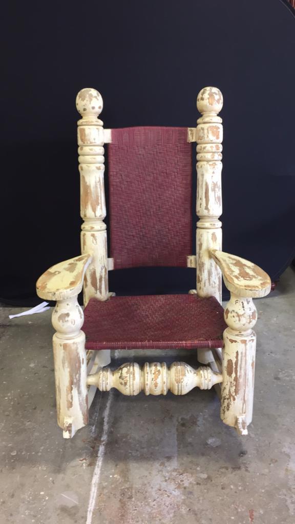 Antique Folk American Rocking Chair: Antique Folk American Rocking Chair, folk art, antique, wood frame Made from antique four post bed, woven red back and seat, from antique shop in Woodbury CT, Monique Shay, Piece measured in inches 46