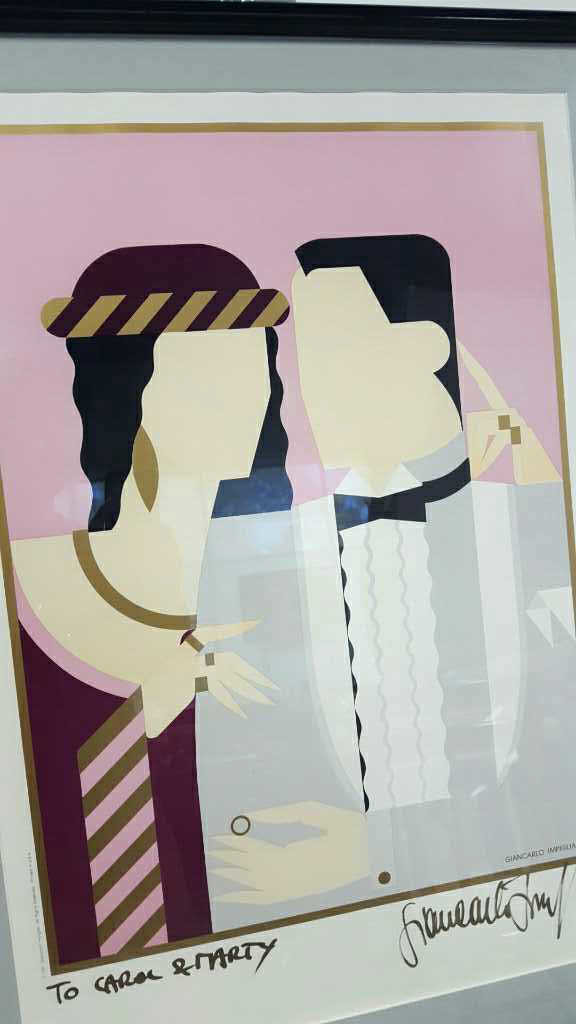 GIANCARLO IMPIGLIA '81 Signed Poster: Works collected by Sir Elton John, Allen Fortunoff, Alexander Seligman, & AIG Corp. Depicts couple black tie and colorful dress. Male in tuxedo jacket with tails and bow tie with female in hat. Art de