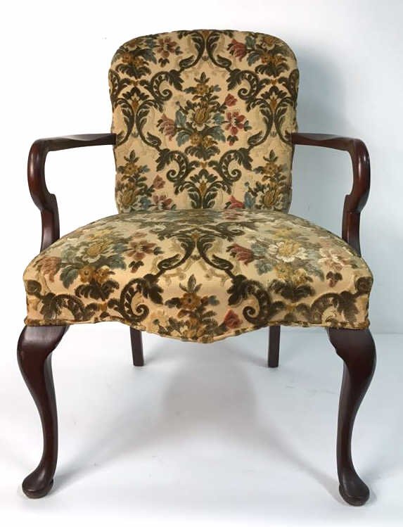 Vintage W&J SLOANE Arm Chair: Vintage Mid-Century Modern design, bold avant-garde style with uncomplicated, fresh aesthetic style circa 1940 to 1970. Bold tapestry newer upholstery with rounded corners and cabriolet with pad feet.