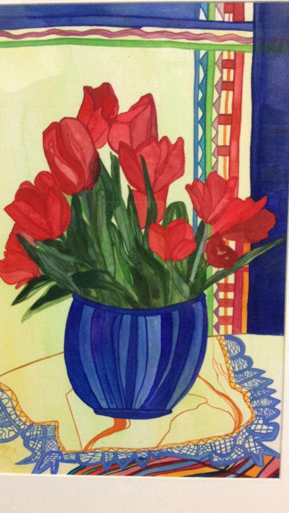 Lita Schwartzberg Tulip Painting: Pop art style brightly colored Tulip still life arrangement in vase on tabletop. Professionally matted and framed measures app hit 30 inches by 24 inches width. New York City artist