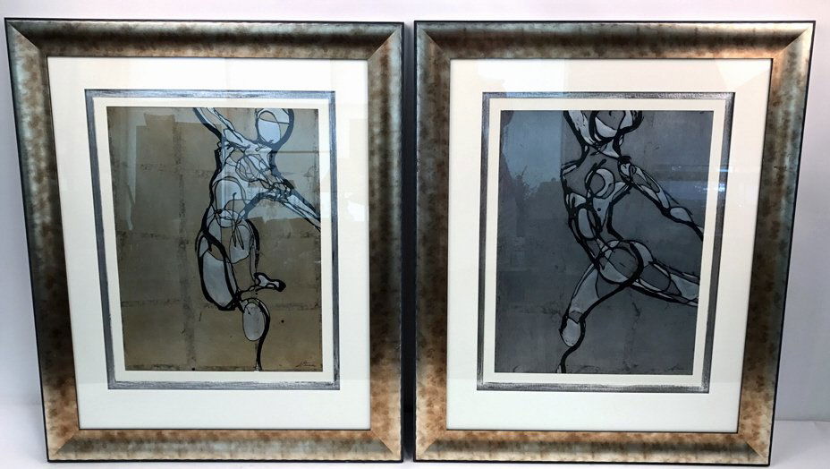 Pair ETHAN ALLEN Framed DANCERS Artwork: AL TURNER metallic ground female nude abstract paintings signed Lithograph. Professionally framed and double matted. Frames painted with silver and gold metallic textured patterns. Original retail $91