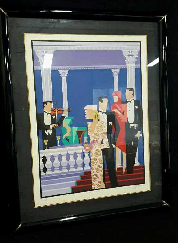 GIANCARLO IMPIGLIA Signed THE PARTY IS OVER Litho: Signed, Titled and dated 1982 28/165. Works collected by Sir Elton John, Allen Fortunoff, Alexander Seligman, & AIG Corp. Depicts couples at a black tie party and women in colorful dress. Male in tuxe