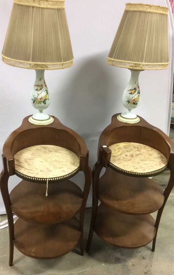 Pair 3 Tier Side Tables Porcelain Lamps Inset (1 of 10)