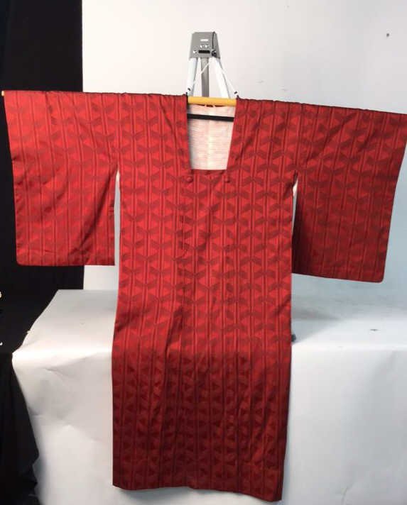 Two-Piece Ama Michiyuki Kimono Coat: Red silk Ama Michiyuki Kimono Coat with square neck, worn over a kimono (also nice over western-world clothes), to help keep the kimono dry during rain. Their textile, often silk, is woven tightly to