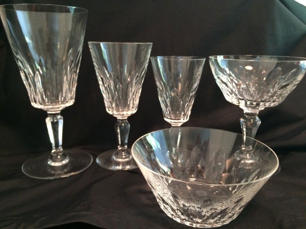 Carcassonne Baccarat Crystal Stemware Set: Carcassonne Pattern Baccarat Crystal Stemware set, Set includes 13 Water Goblets, 14 red wine, 13 White wine 13 champagne 12 finger bowls