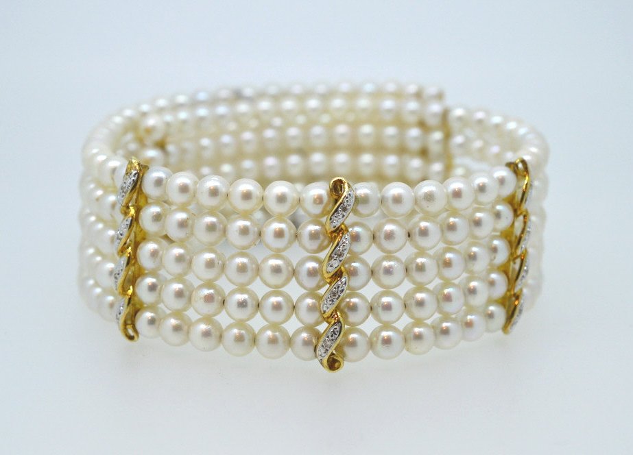 Natural Pearl Choker Necklace Gold & Diamond Twist (1 of 4)