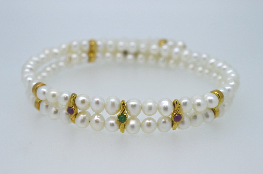 Double Row Pearl & 14K Gold Emerald Ruby Choker (1 of 2)