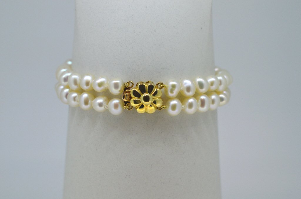 Double Akoya Pearl Bracelet 14K Gold Floral Clasp (1 of 1)
