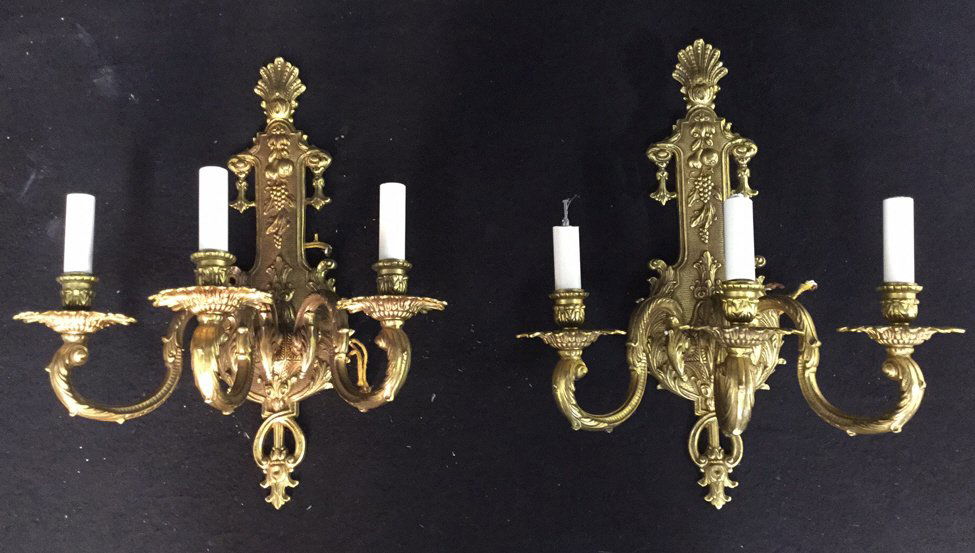 Pair 3 Armed  Antique Brass Sconces (1 of 8)