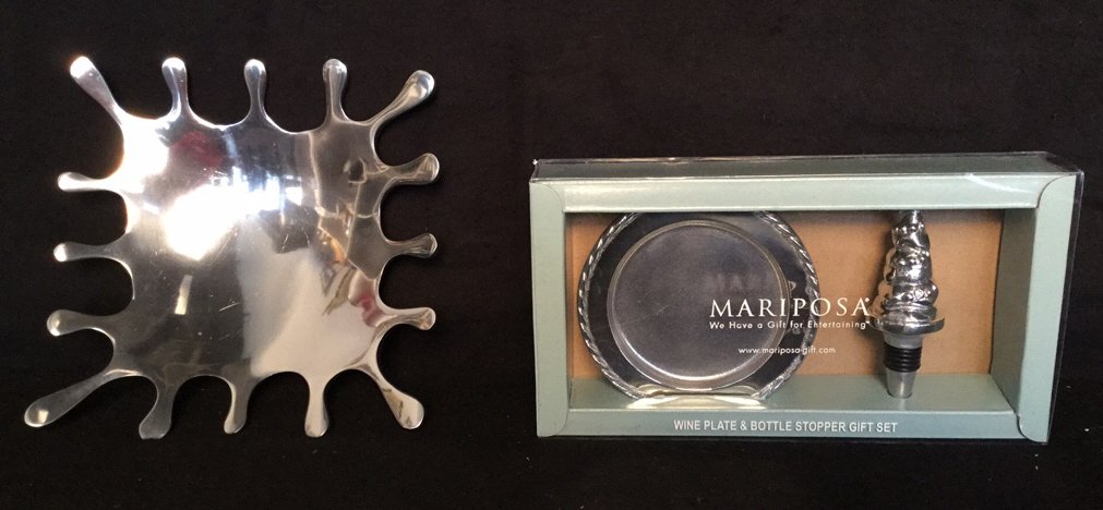 Silver Plated Decorative Entertaining Accessories: Silver plated Mariposa wine plate & bottle stopper gift set (still in original box) and Inspired Generations silver plated decorative small candy or hors d'oeurves dish, 8 x 8 inches.